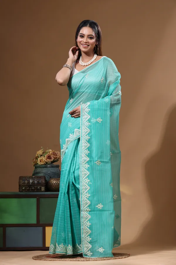 SEA_GREEN_SUPERNET_with__EMBROIDERY_Saree_with_Blouse_Piece
