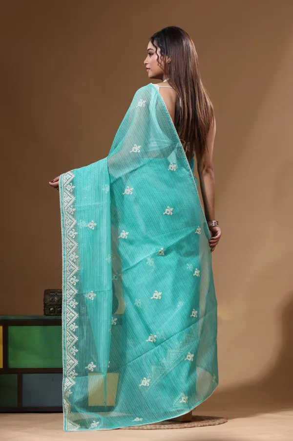 SEA_GREEN_SUPERNET_with__EMBROIDERY_Saree_with_Blouse_Piece