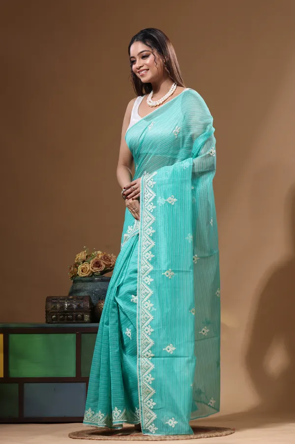 SEA_GREEN_SUPERNET_with__EMBROIDERY_Saree_with_Blouse_Piece