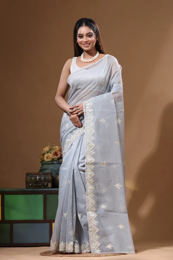 GREY_SUPERNET_with__EMBROIDERY_Saree_with_Blouse_Piece