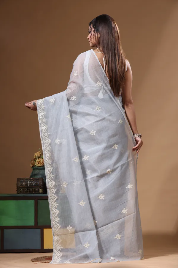 GREY_SUPERNET_with__EMBROIDERY_Saree_with_Blouse_Piece
