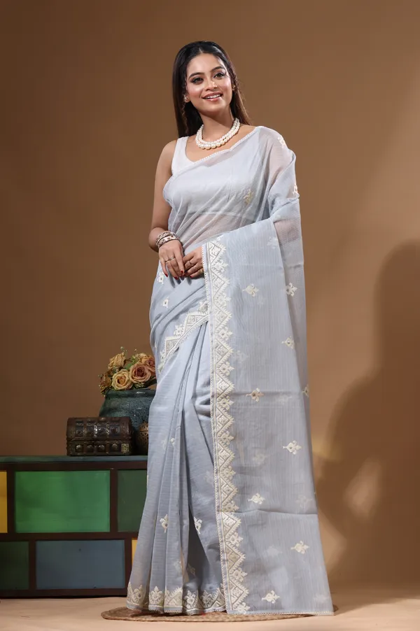 GREY_SUPERNET_with__EMBROIDERY_Saree_with_Blouse_Piece