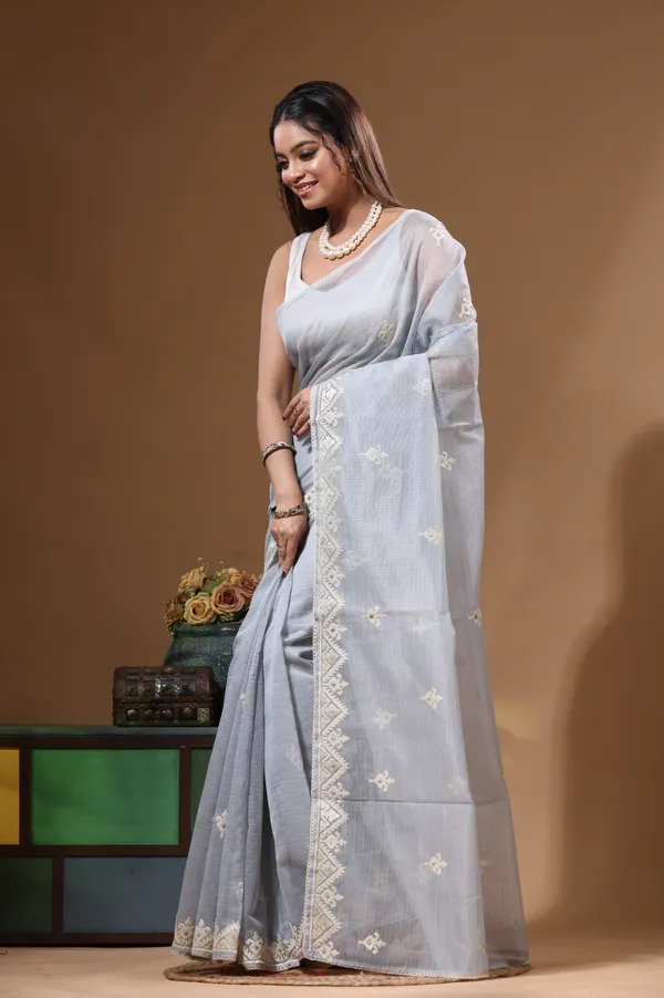 GREY_SUPERNET_with__EMBROIDERY_Saree_with_Blouse_Piece
