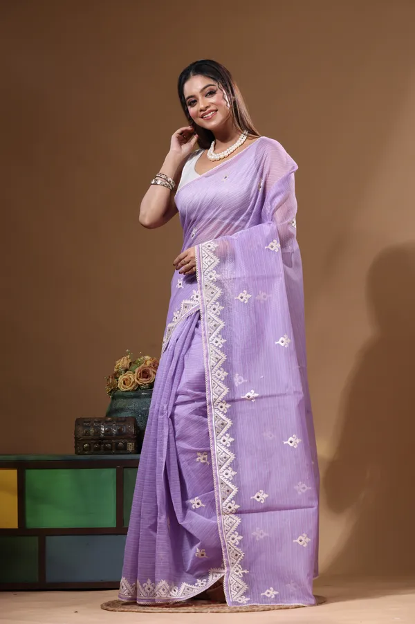 LAVENDAR_SUPERNET_with__EMBROIDERY_Saree_with_Blouse_Piece