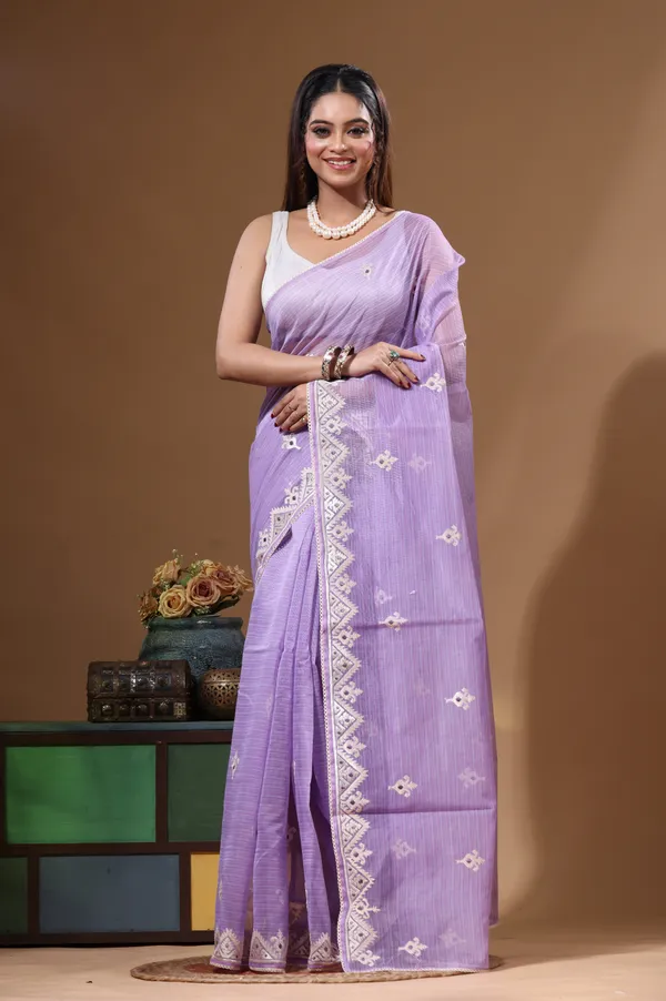 LAVENDAR_SUPERNET_with__EMBROIDERY_Saree_with_Blouse_Piece