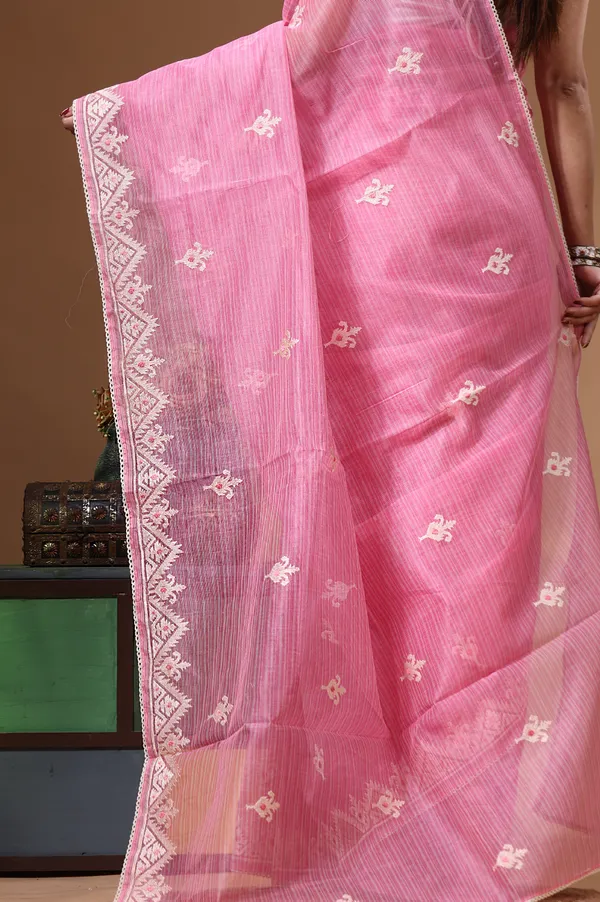 PINK_SUPERNET_with__EMBROIDERY_Saree_with_Blouse_Piece