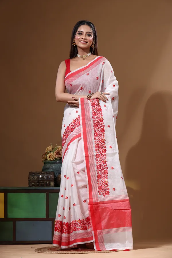 WHITE_SUPERNET_with_COMPUTER_EMBROIDERY_Saree_with_Blouse_Piece