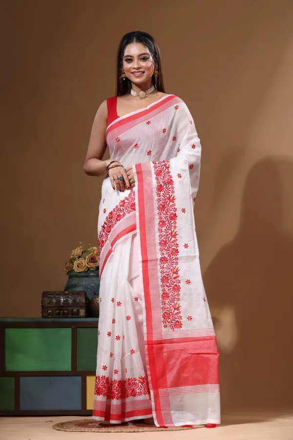 WHITE_SUPERNET_with_COMPUTER_EMBROIDERY_Saree_with_Blouse_Piece