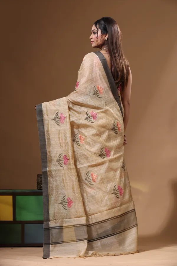 BEIGE_SEMI-_CHANDERI_with__EMBROIDERY_Saree_with_Blouse_Piece