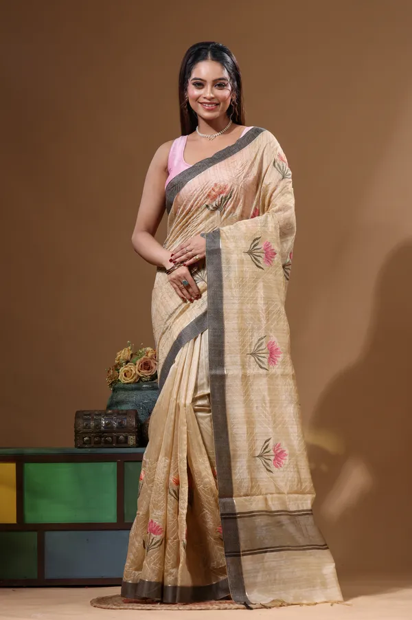 BEIGE_SEMI-_CHANDERI_with__EMBROIDERY_Saree_with_Blouse_Piece