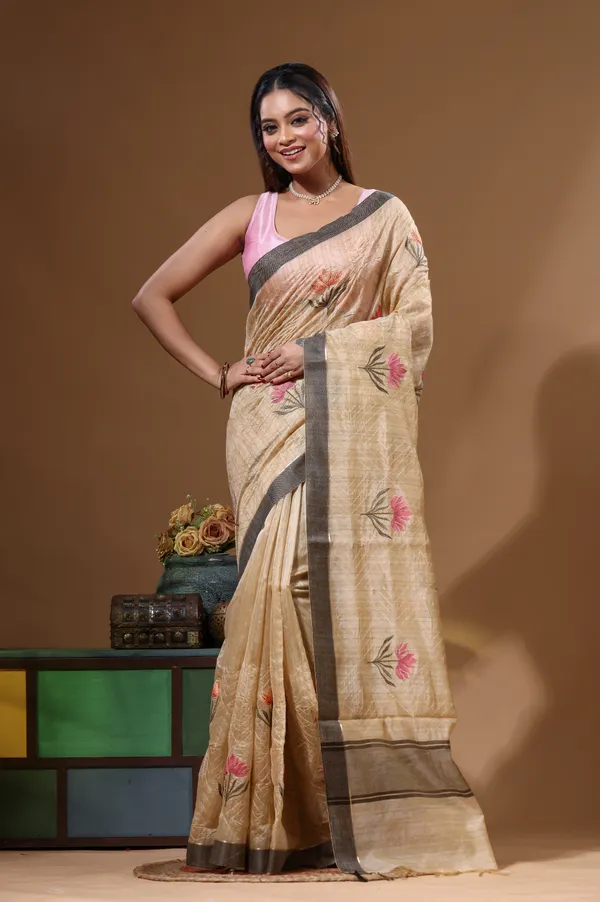 BEIGE_SEMI-_CHANDERI_with__EMBROIDERY_Saree_with_Blouse_Piece