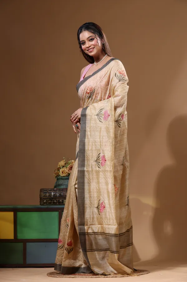 BEIGE_SEMI-_CHANDERI_with__EMBROIDERY_Saree_with_Blouse_Piece