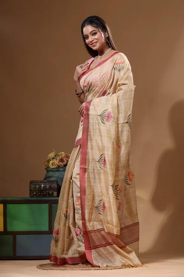 BEIGE_SEMI-_CHANDERI_with__EMBROIDERY_Saree_with_Blouse_Piece