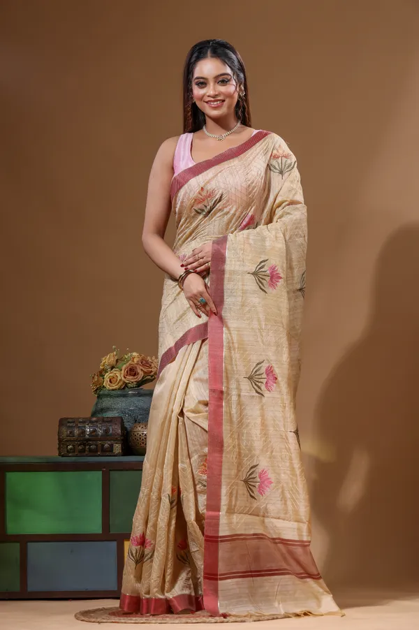 BEIGE_SEMI-_CHANDERI_with__EMBROIDERY_Saree_with_Blouse_Piece