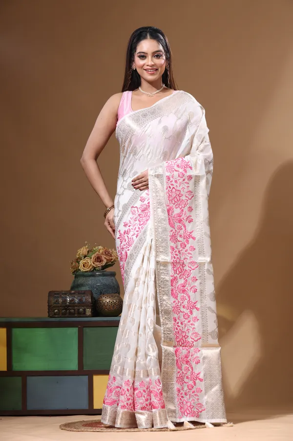 OFF-WHITE_BANARASI_SILK_(JACQUARD)_with__EMBROIDERY_Saree_with_Blouse_Piece