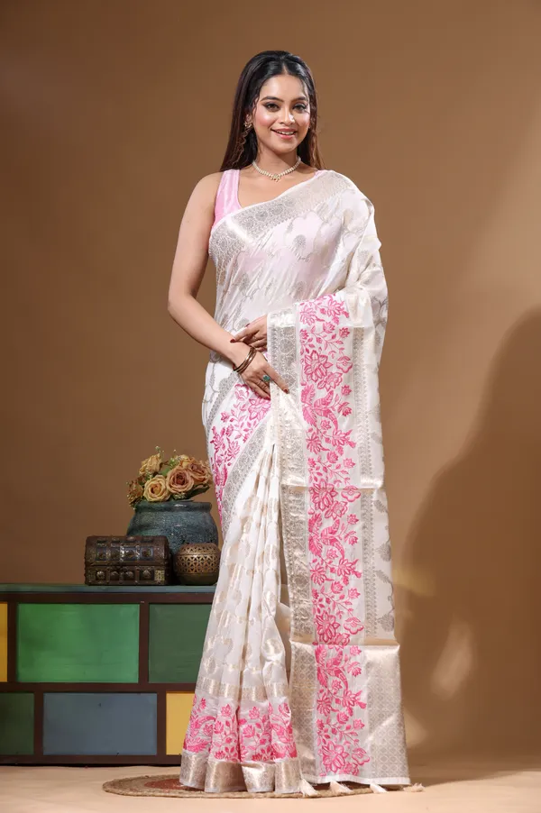 OFF-WHITE_BANARASI_SILK_(JACQUARD)_with__EMBROIDERY_Saree_with_Blouse_Piece