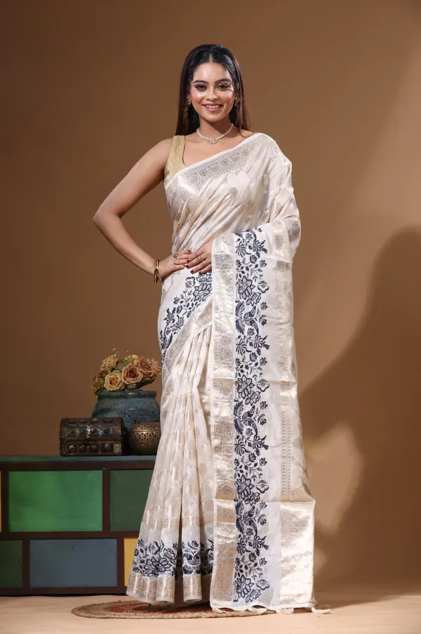 OFF-WHITE_BANARASI_SILK_(JACQUARD)_with__EMBROIDERY_Saree_with_Blouse_Piece