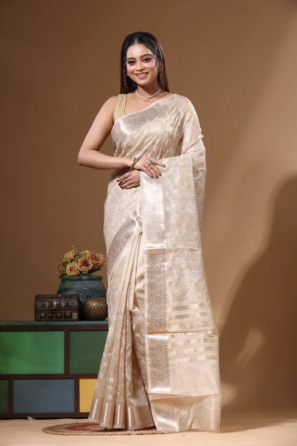 BEIGE_TISSUE_with_COMPUTER_EMBROIDERY_Saree_with_Blouse_Piece