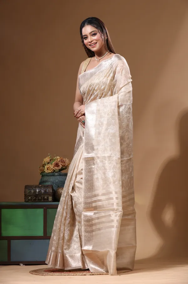 BEIGE_TISSUE_with_COMPUTER_EMBROIDERY_Saree_with_Blouse_Piece