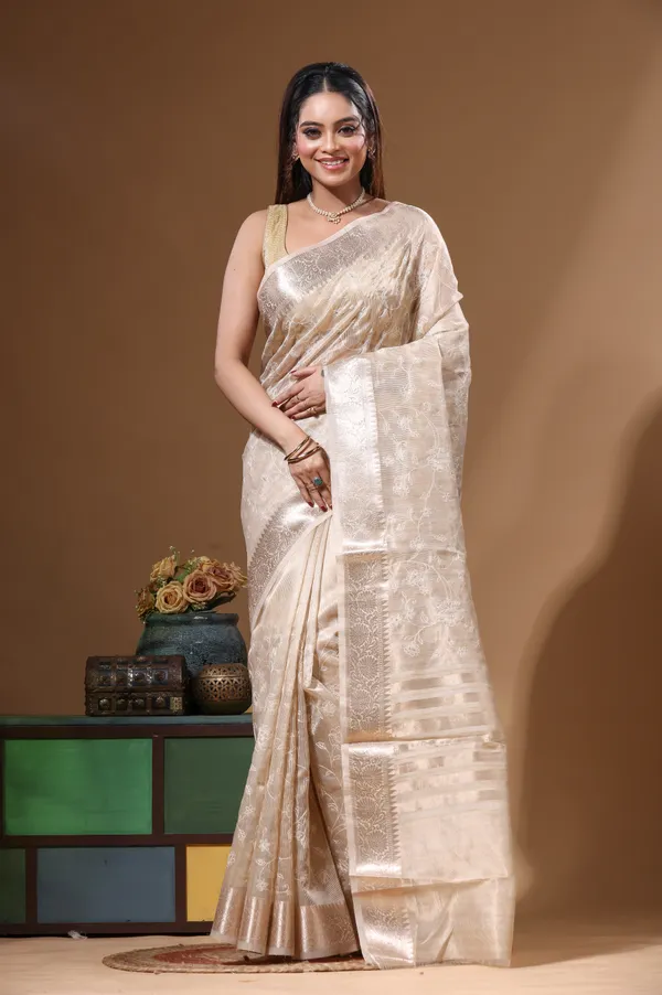 BEIGE_TISSUE_with_COMPUTER_EMBROIDERY_Saree_with_Blouse_Piece