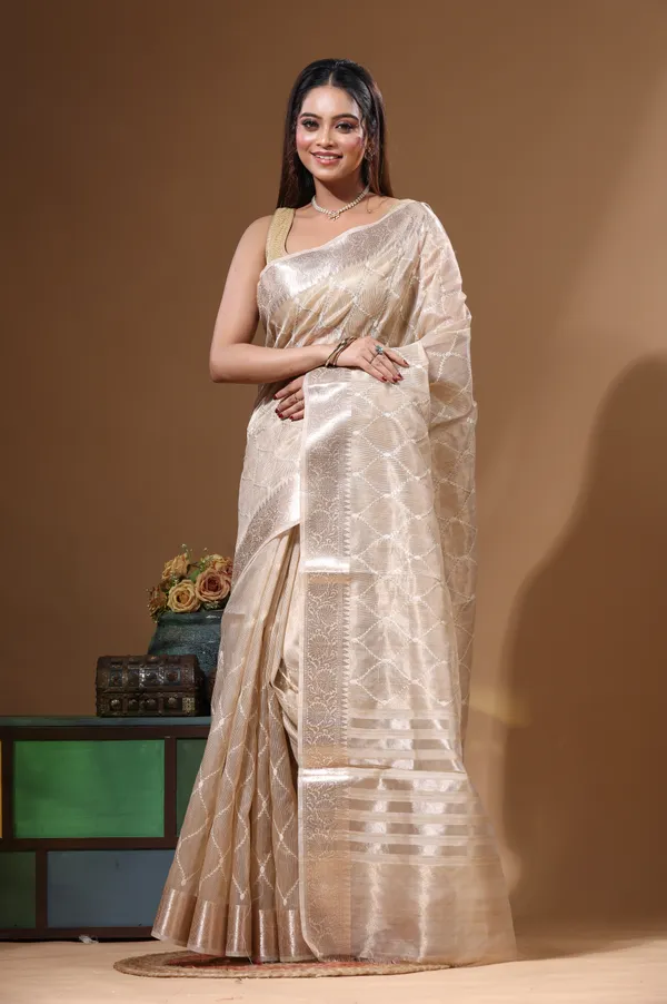 BEIGE_TISSUE_with_COMPUTER_EMBROIDERY_Saree_with_Blouse_Piece