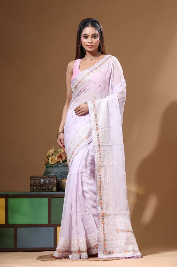 LIGHT_PURPLE_VISCOSE_ORGANZA_with__EMBROIDEERY_Saree_with_Blouse_Piece