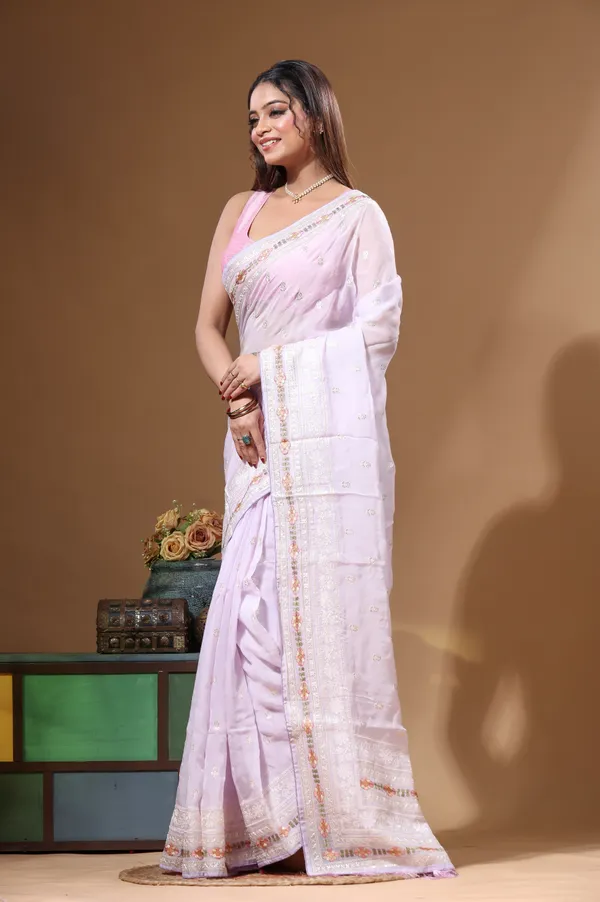 LIGHT_PURPLE_VISCOSE_ORGANZA_with__EMBROIDEERY_Saree_with_Blouse_Piece