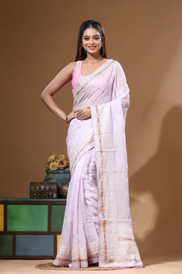 LIGHT_PURPLE_VISCOSE_ORGANZA_with__EMBROIDEERY_Saree_with_Blouse_Piece