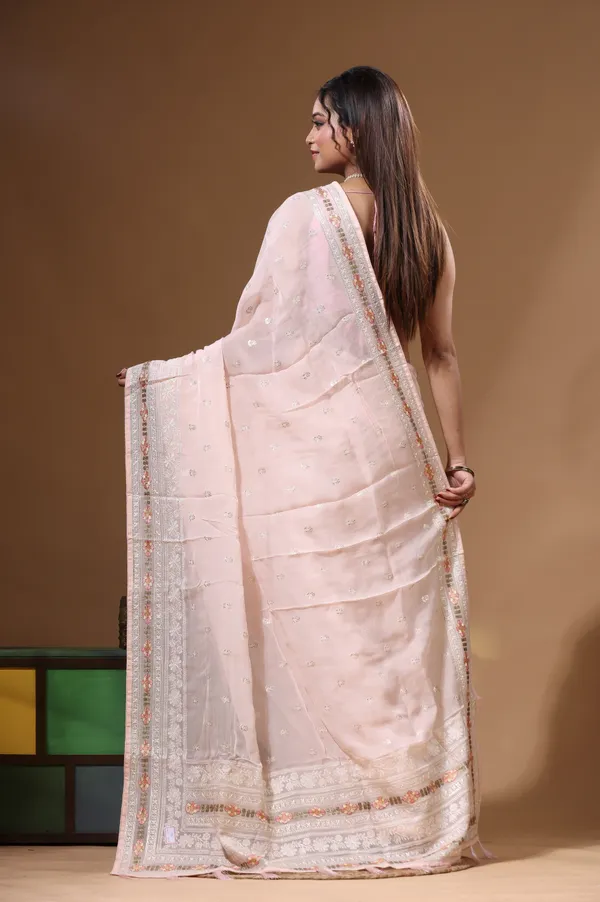 PEACH_VISCOSE_ORGANZA_with__EMBROIDEERY_Saree_with_Blouse_Piece