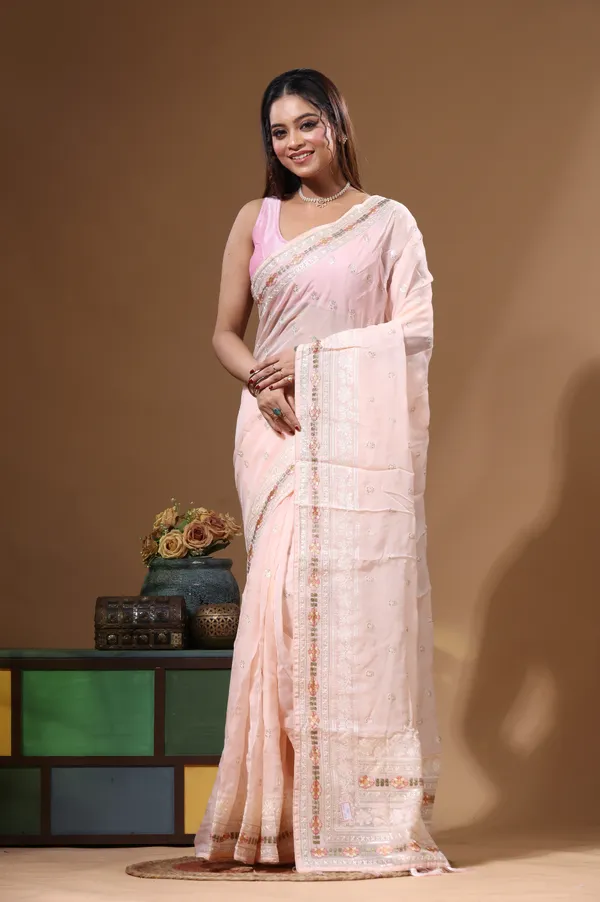 PEACH_VISCOSE_ORGANZA_with__EMBROIDEERY_Saree_with_Blouse_Piece