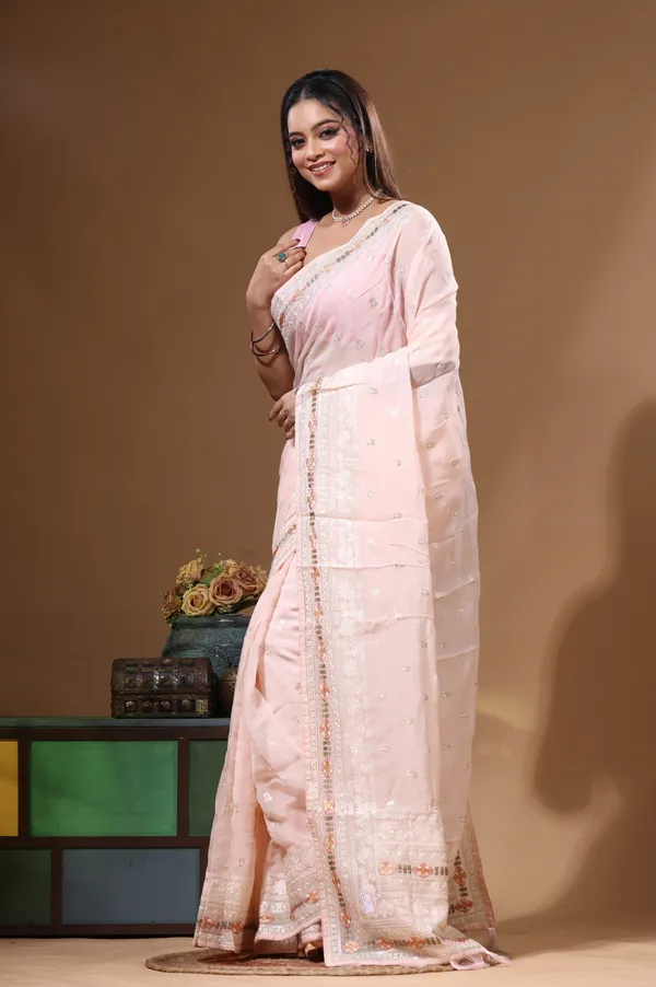 PEACH_VISCOSE_ORGANZA_with__EMBROIDEERY_Saree_with_Blouse_Piece