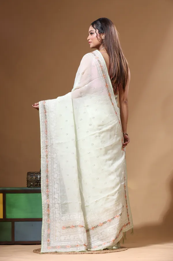 GREEN_VISCOSE_ORGANZA_with__EMBROIDEERY_Saree_with_Blouse_Piece