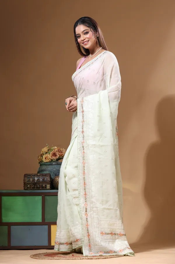 GREEN_VISCOSE_ORGANZA_with__EMBROIDEERY_Saree_with_Blouse_Piece
