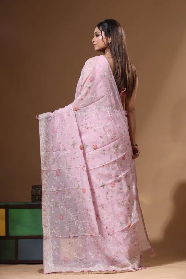 PINK_VISCOSE_ORGANZA_with__EMBROIDEERY_Saree_with_Blouse_Piece