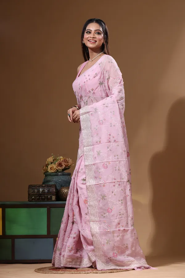 PINK_VISCOSE_ORGANZA_with__EMBROIDEERY_Saree_with_Blouse_Piece