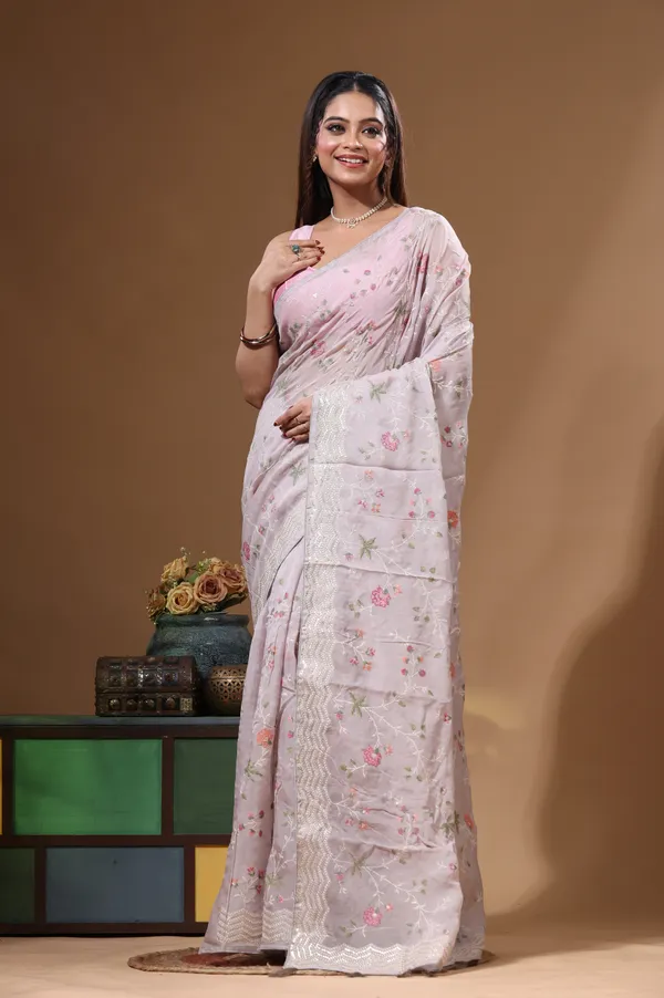 GREY_VISCOSE_ORGANZA_with__EMBROIDEERY_Saree_with_Blouse_Piece