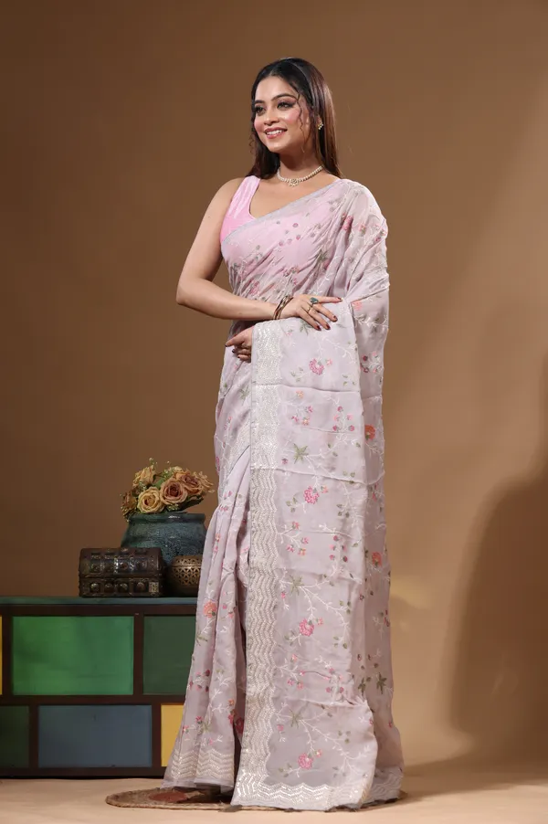 GREY_VISCOSE_ORGANZA_with__EMBROIDEERY_Saree_with_Blouse_Piece
