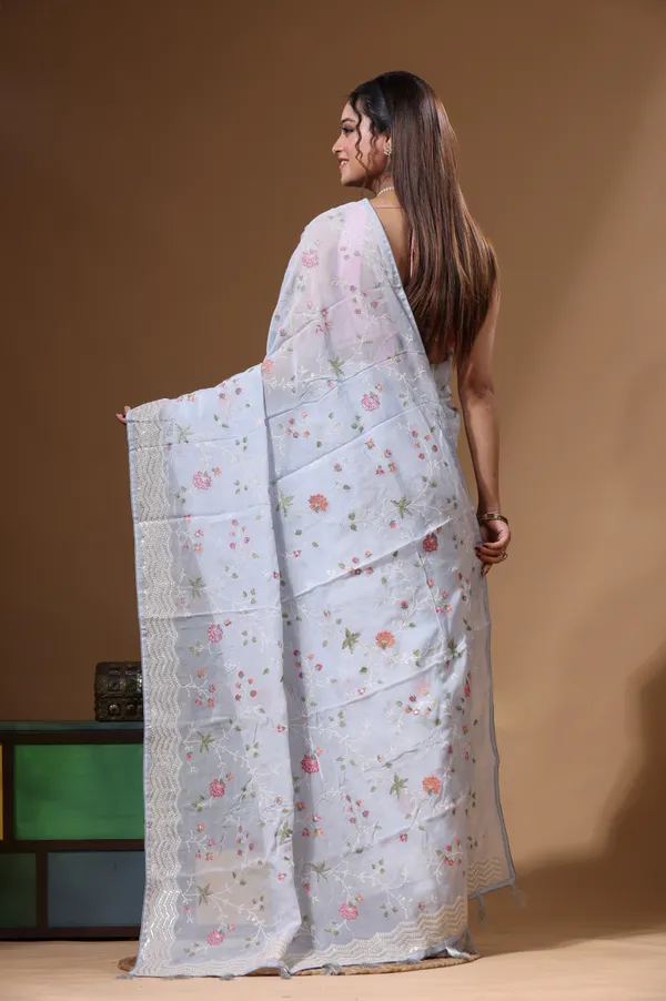 BLUE_VISCOSE_ORGANZA_with__EMBROIDEERY_Saree_with_Blouse_Piece