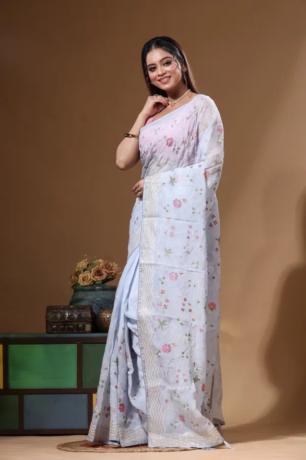 BLUE_VISCOSE_ORGANZA_with__EMBROIDEERY_Saree_with_Blouse_Piece