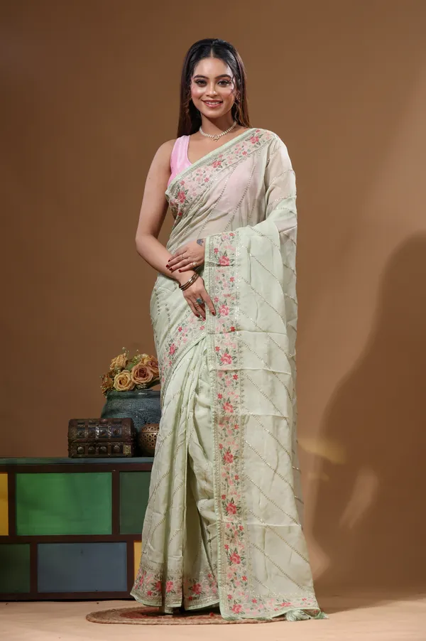 LIGHT_GREEN_VISCOSE_ORGANZA_with__EMBROIDEERY_Saree_with_Blouse_Piece