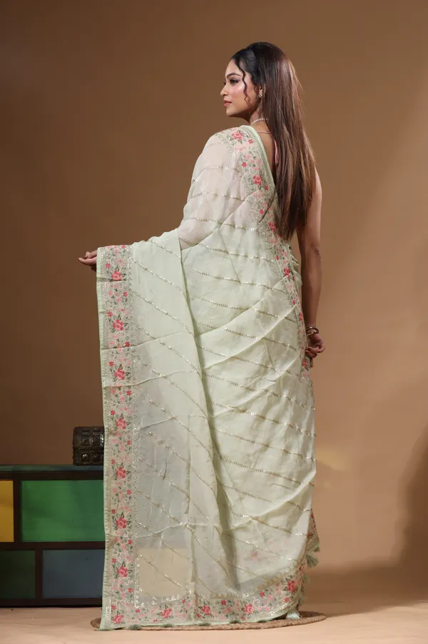 LIGHT_GREEN_VISCOSE_ORGANZA_with__EMBROIDEERY_Saree_with_Blouse_Piece