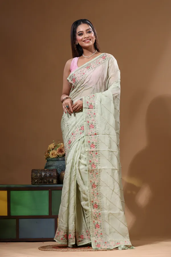 LIGHT_GREEN_VISCOSE_ORGANZA_with__EMBROIDEERY_Saree_with_Blouse_Piece