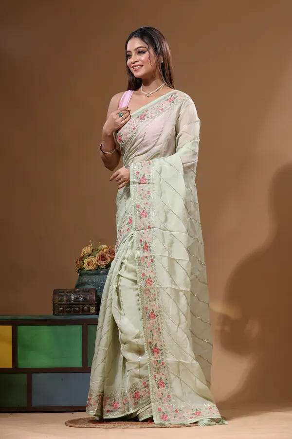 LIGHT_GREEN_VISCOSE_ORGANZA_with__EMBROIDEERY_Saree_with_Blouse_Piece