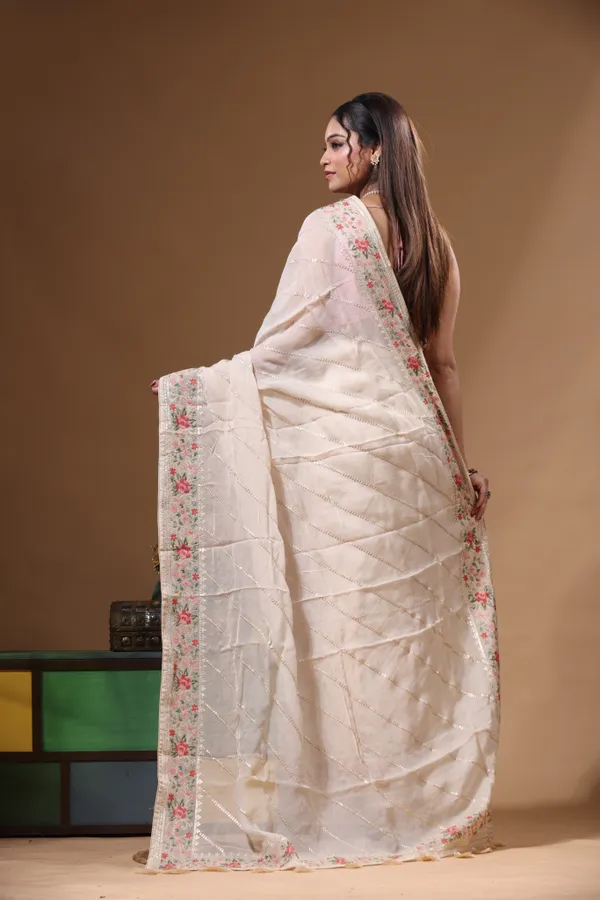 CREAM_VISCOSE_ORGANZA_with__EMBROIDEERY_Saree_with_Blouse_Piece