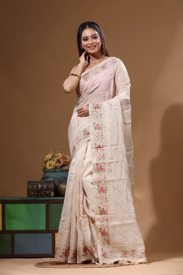 CREAM_VISCOSE_ORGANZA_with__EMBROIDEERY_Saree_with_Blouse_Piece