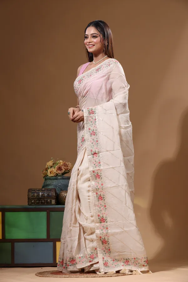 CREAM_VISCOSE_ORGANZA_with__EMBROIDEERY_Saree_with_Blouse_Piece