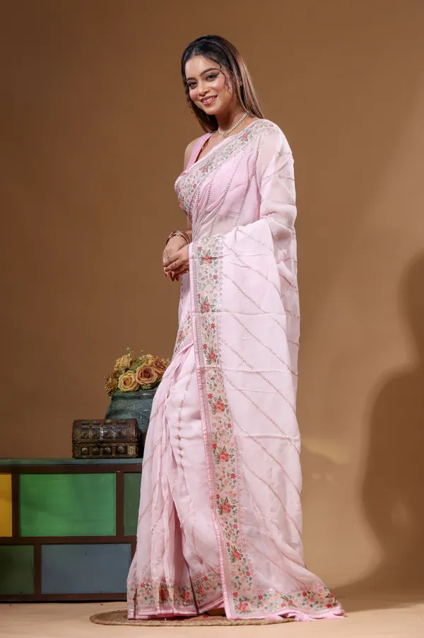 PINK_VISCOSE_ORGANZA_with__EMBROIDEERY_Saree_with_Blouse_Piece