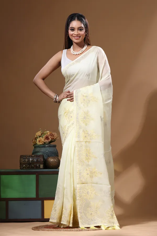 LIGHT_YELLOW_VISCOSE_ORGANZA_with__EMBROIDEERY_Saree_with_Blouse_Piece