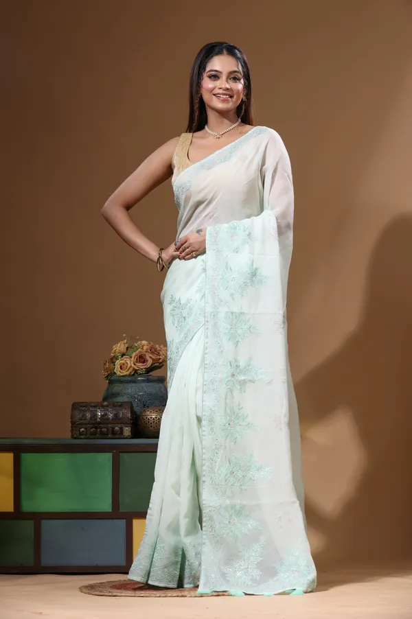 LIGHT_GREEN_VISCOSE_ORGANZA_with_COMPUTER_EMBROIDEERY_Saree_with_Blouse_Piece