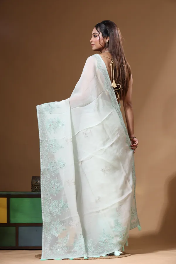 LIGHT_GREEN_VISCOSE_ORGANZA_with_COMPUTER_EMBROIDEERY_Saree_with_Blouse_Piece